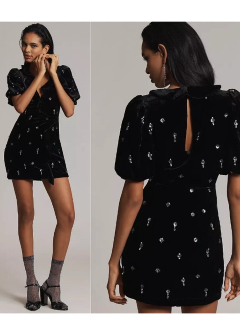 Maeve by Anthropologie Black Velvet Embellished Puff-Sleeve Mini Dress